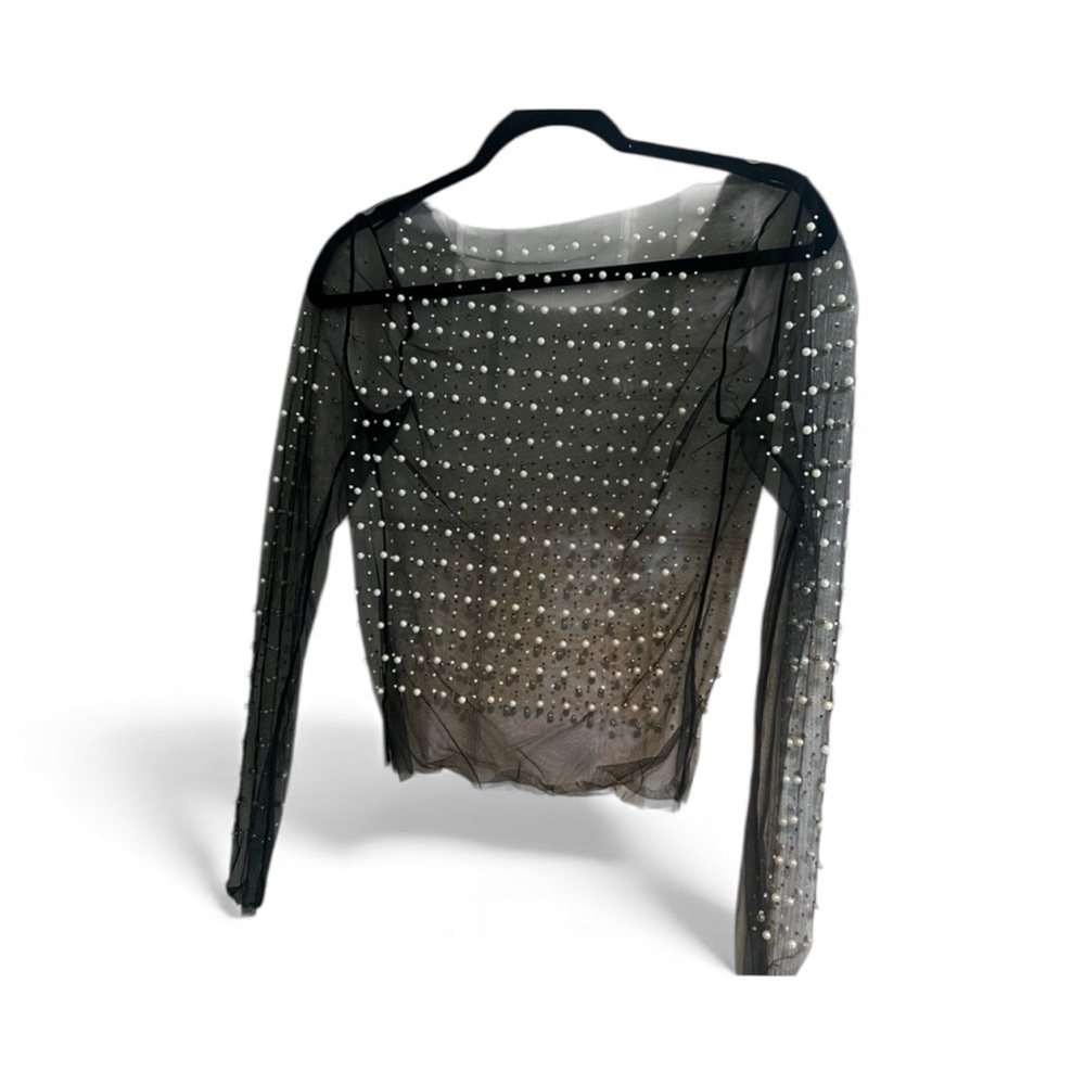 Elegant Black Sheer Pearl-Embellished L/S Top - S